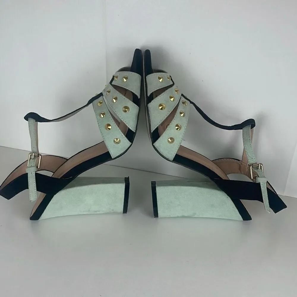 Gold Spiked Caged Faux Suede T-Strap Heels 7